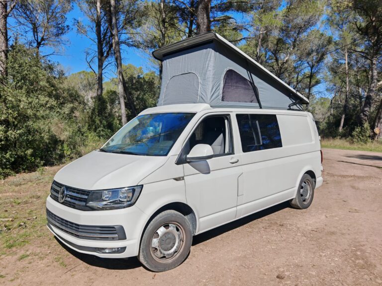 Van aménagé blanc avec toit relevable en forêt