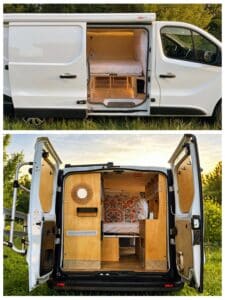 Fourgon aménagé avec lit et rangements en bois