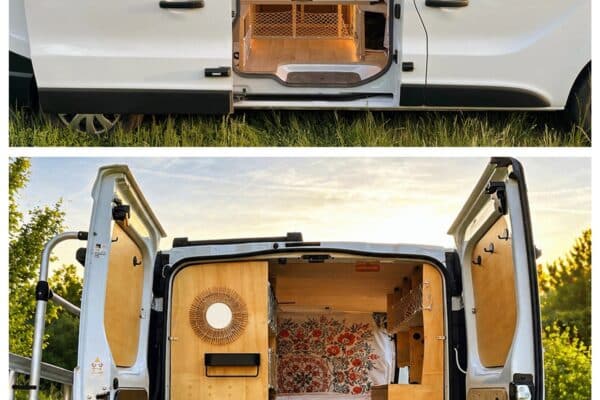 Fourgon aménagé avec lit et rangements en bois