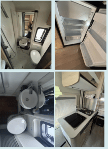 Intérieur camping-car : salle de bain et cuisine équipée
