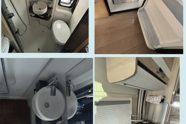 Intérieur camping-car : salle de bain et cuisine équipée