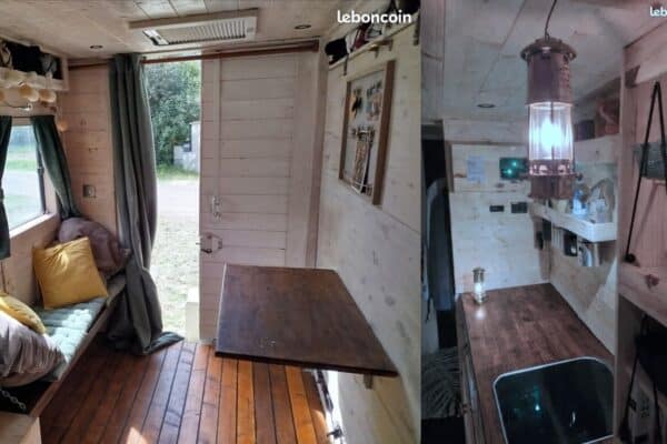 Intérieur tiny house en bois avec kitchenette