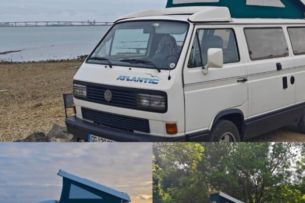 Van Volkswagen aménagé toit relevable vert en bord de mer