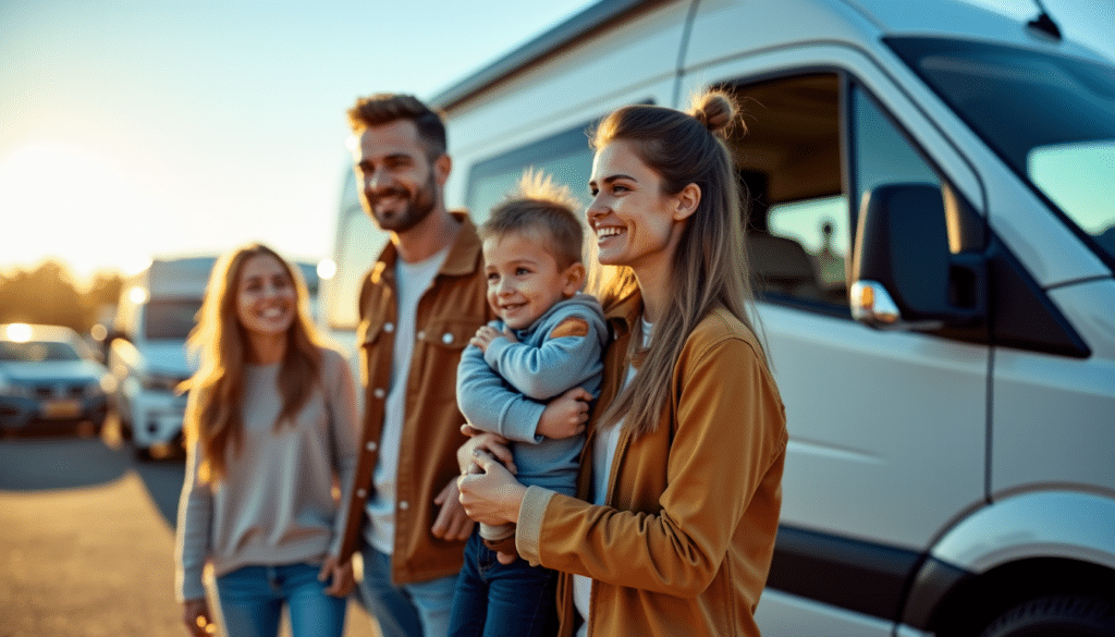 Famille souriante devant un van au coucher du soleil