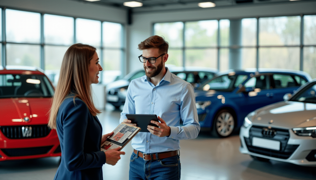 Vendeur et cliente dans une concession automobile