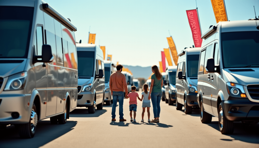 Famille marchant entre camping-cars alignés