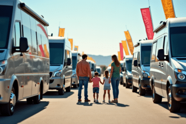 Famille marchant entre camping-cars alignés