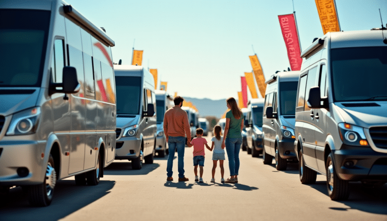 Famille marchant entre camping-cars alignés