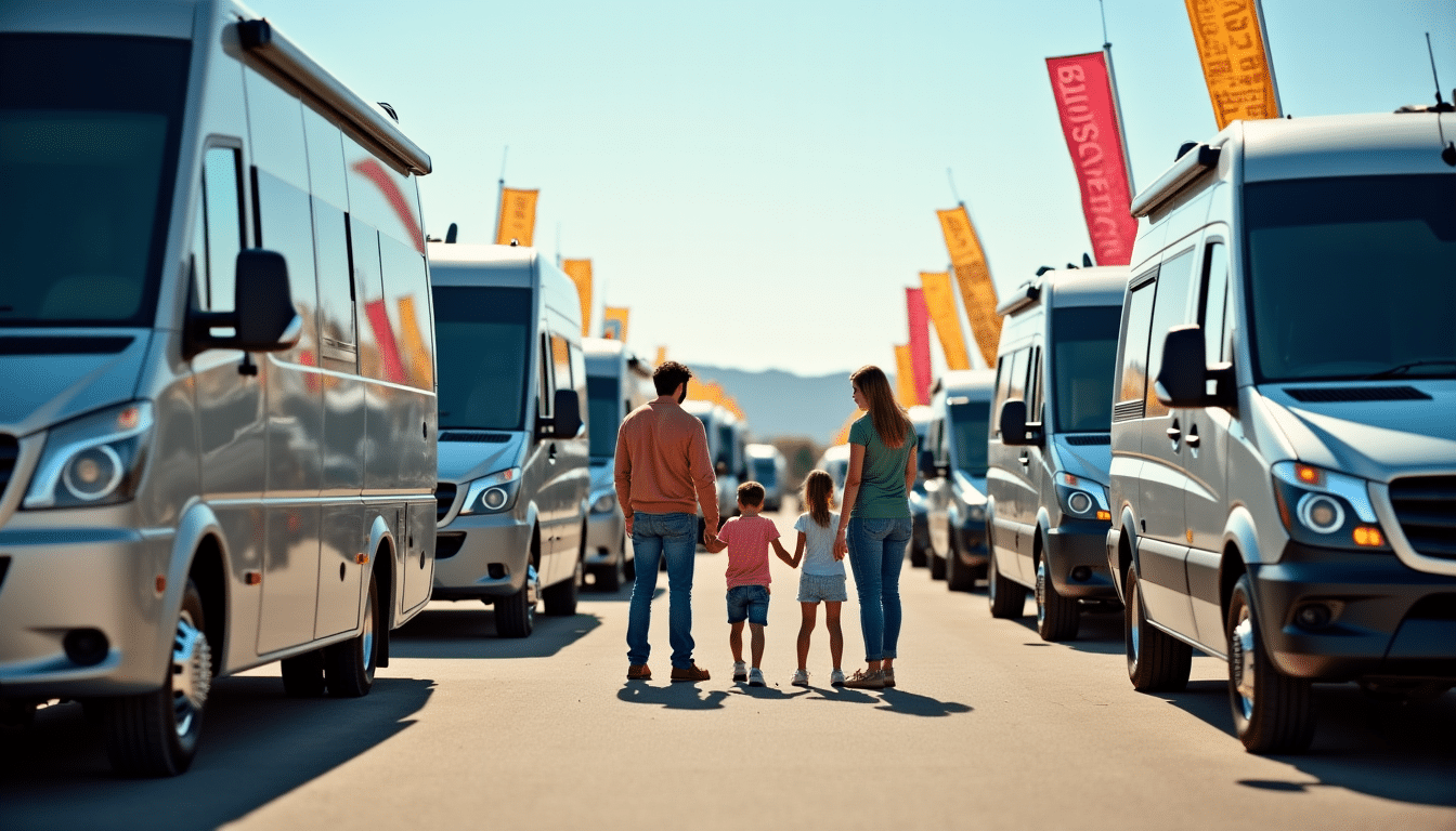 Famille marchant entre camping-cars alignés