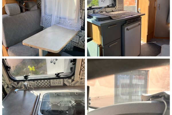Intérieur de camping-car avec coin repas et cuisine