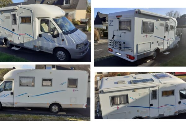 Camping-car blanc stationné dans un quartier résidentiel