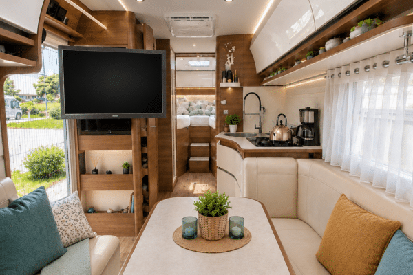 Interno moderno del camper con zona pranzo