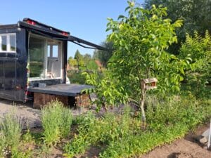 Tiny house avec terrasse dans jardin verdoyant