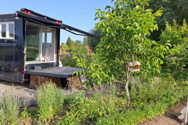 Tiny house avec terrasse dans jardin verdoyant
