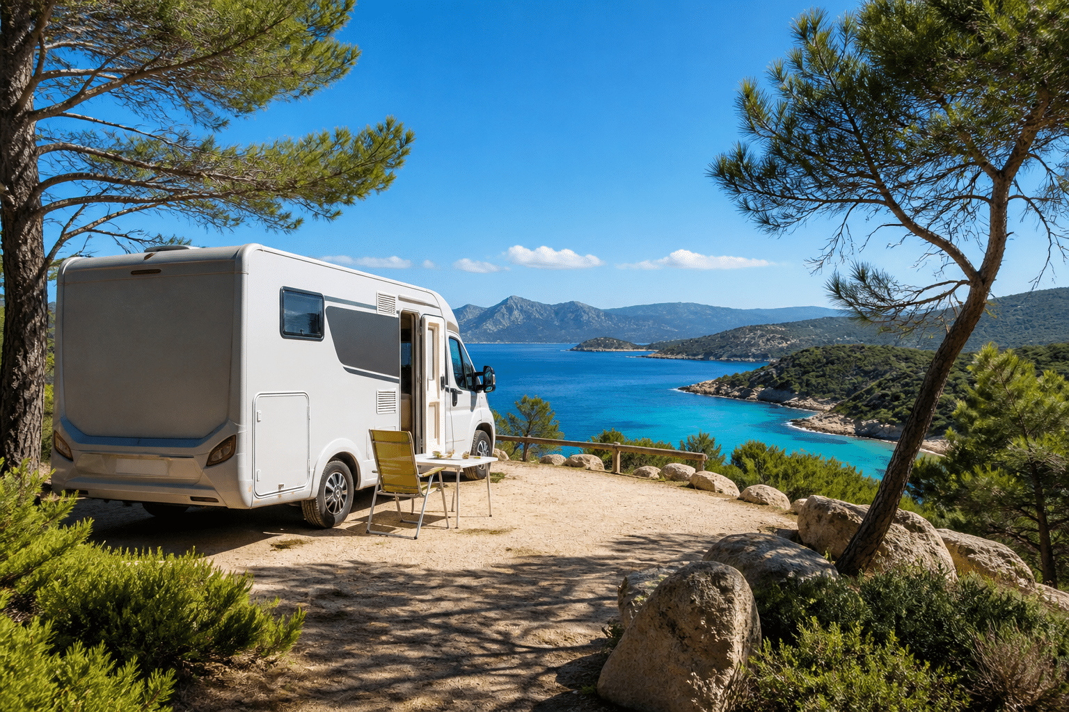 Un camping-car compact garé sur une aire aménagée surplombant une baie turquoise en Corse, entouré de maquis et de pins maritimes sous un ciel bleu estival