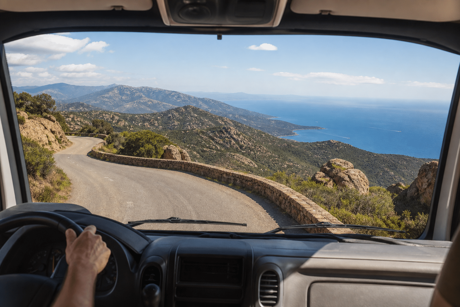 Vue depuis l'intérieur d'un camping-car traversant un col de montagne corse, route sinueuse bordée de maquis et panorama sur la mer au loin