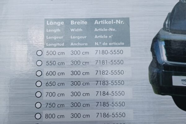 Elenco delle dimensioni dei teloni e dei numeri di articolo.