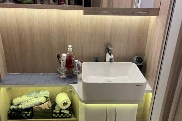 Salle de bain moderne avec lavabo et étagères.