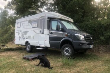 Camping-car blanc stationné près d'un arbre, avec chien.