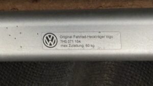 Plaque signalétique porte-vélo Volkswagen, charge max 60 kg.