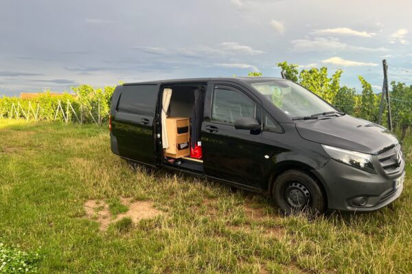 Campervan in einem grünen Weinberg.