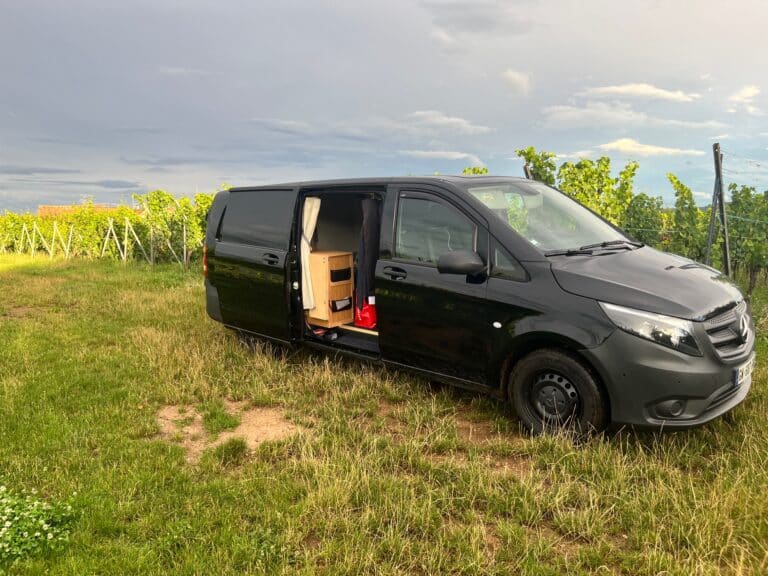 Van aménagé dans un vignoble verdoyant.