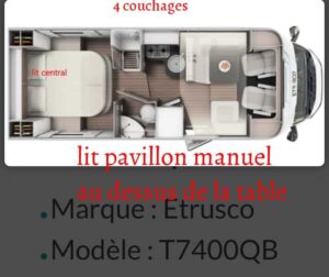 Plan intérieur camping-car Etrusco T7400QB, 4 couchages.