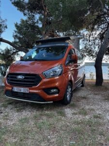 Van Ford orange près de la mer et des arbres.
