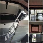 Intérieur moderne de camping-car, cuisine, toilettes, escaliers.