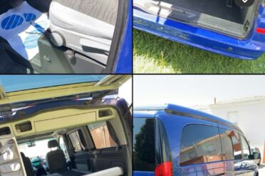 Fourgon aménagé Mercedes bleu, intérieur et extérieur.